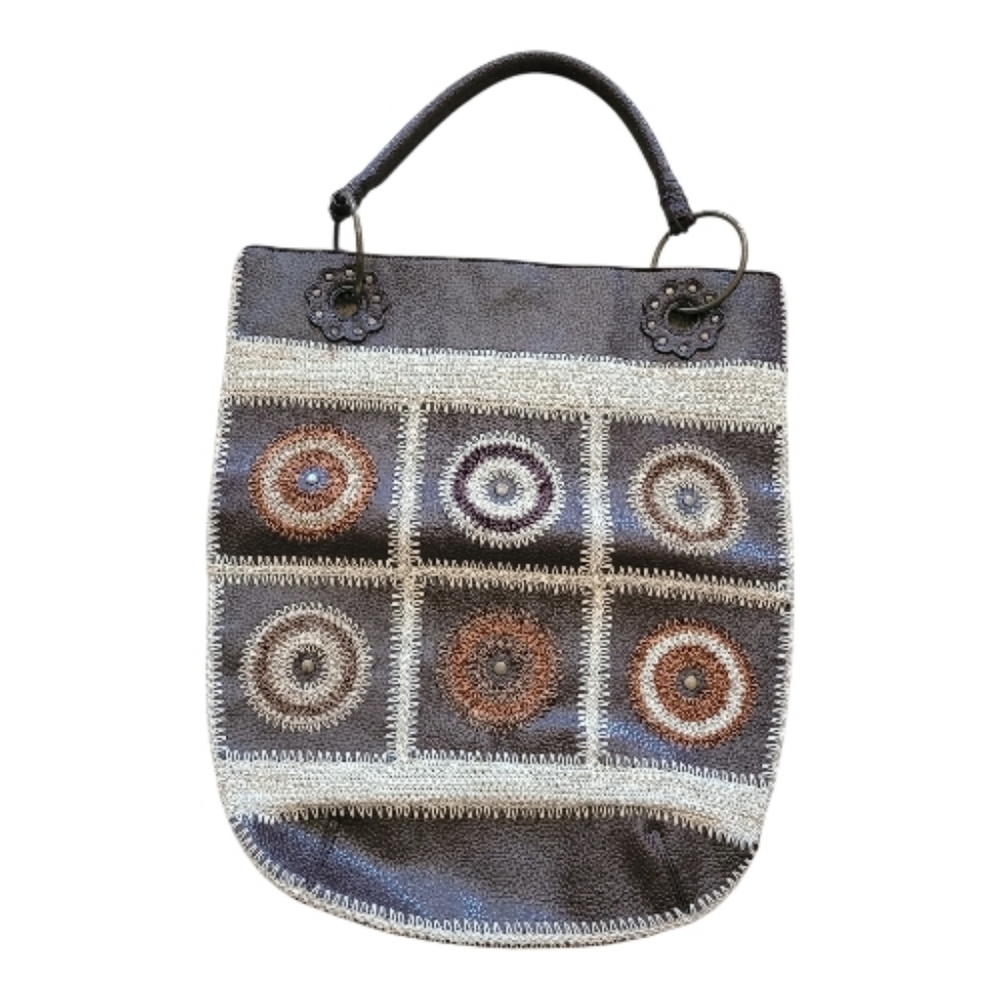 Large Boho Crochet Patchwork Shoulder Bag Leather… - image 5